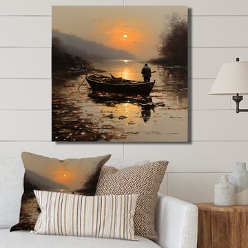 Orange and brown Moonlit Fishing by the lake - Boat Fishing Canvas Wall Art
